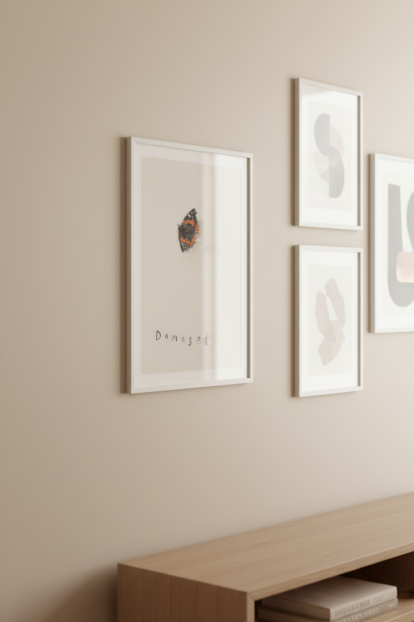 Damaged art print framed on a gallery wall