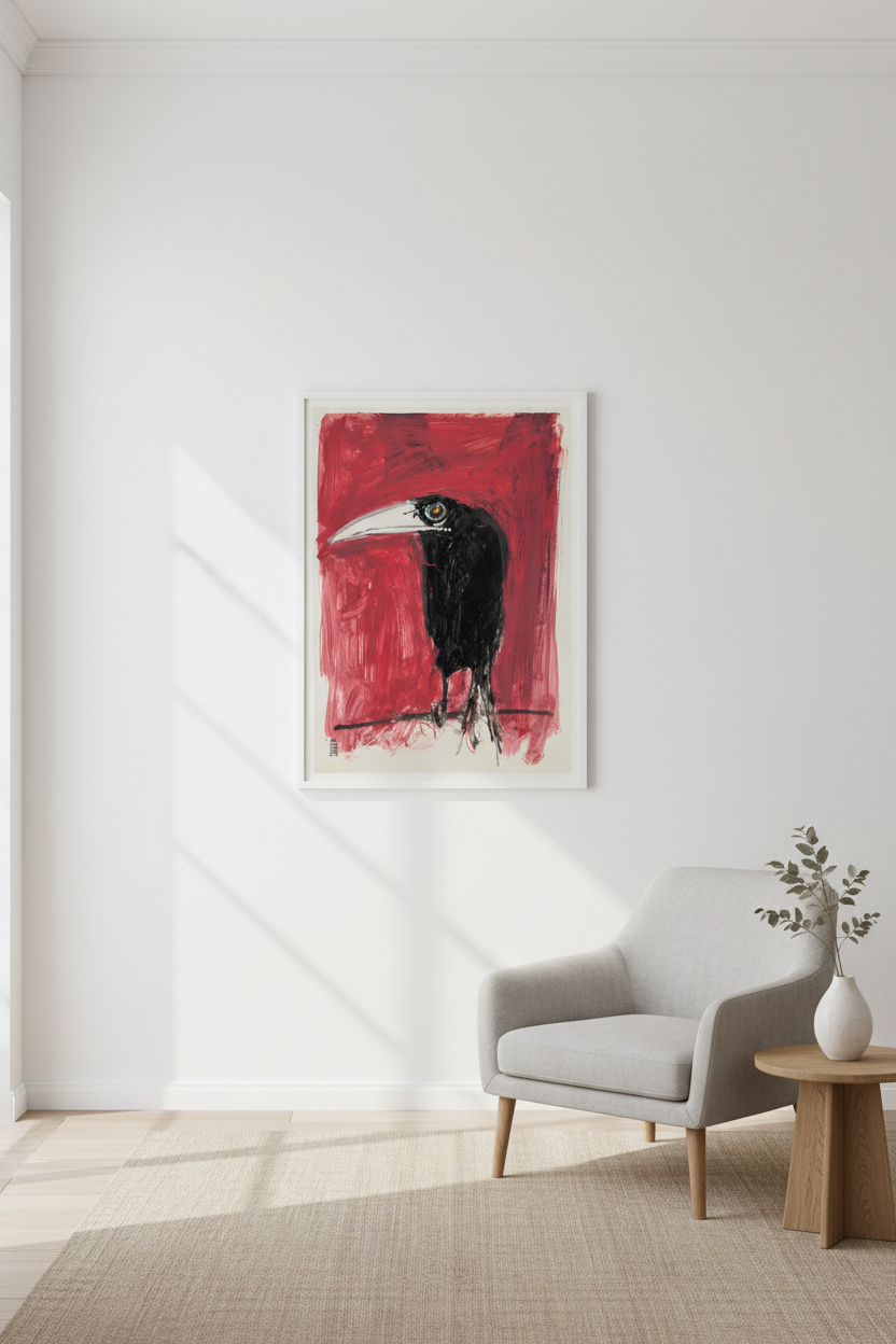 Murder Crow art print in thin white frame on white wall